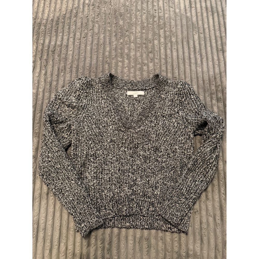 Loft Womens‎ Marled V-Neck Puff Shoulder Sweater Black White Knit L